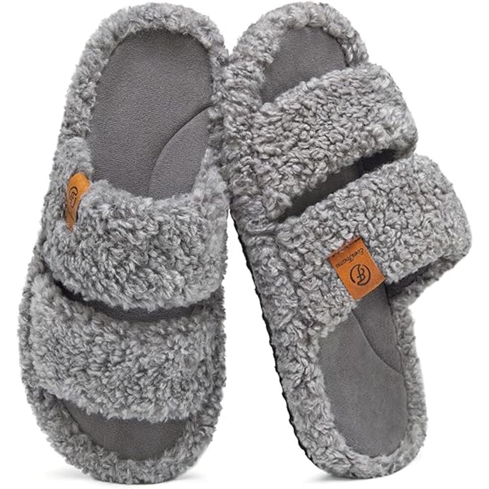 New EverFoams Womens Size 9/10 Gray Fuzzy Open Toe Memory Foam House Slippers